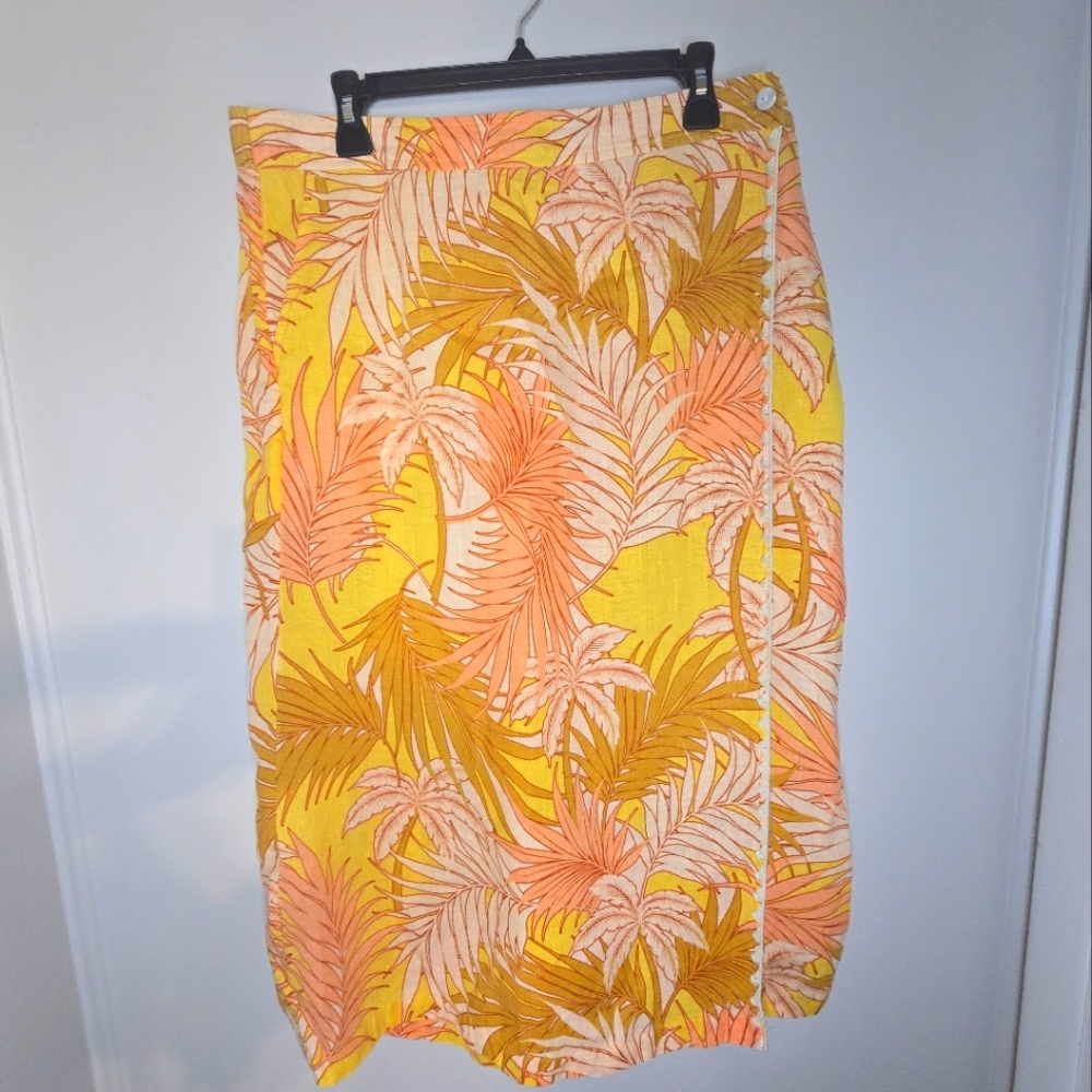 Tahari Colorful Tropical 100% Linen Elastic Boho Wrap Skirt With Pockets Sz XL